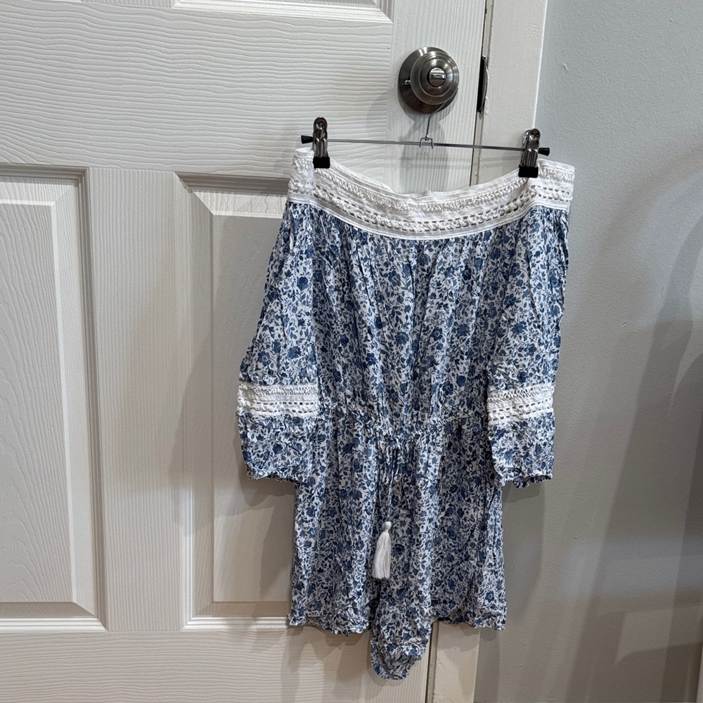 Hollister Blue & White Floral Off-Shoulder Romper